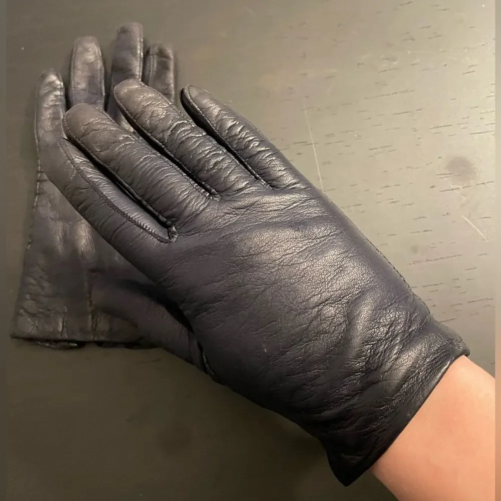 Vintage 1950s/1960s Ink Navy Blue Italian Leather Orlon Lined Women’s Gloves